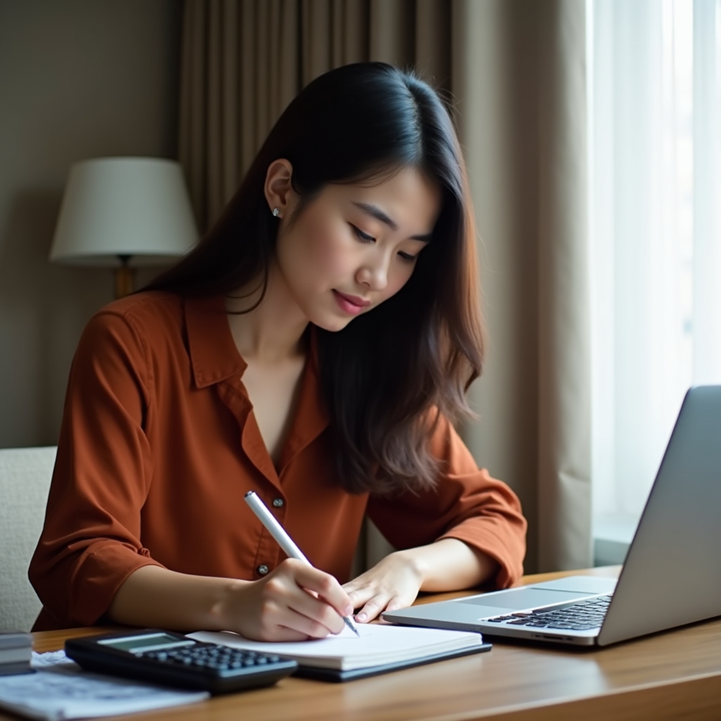 Person planning emergency fund with calculator and notebook