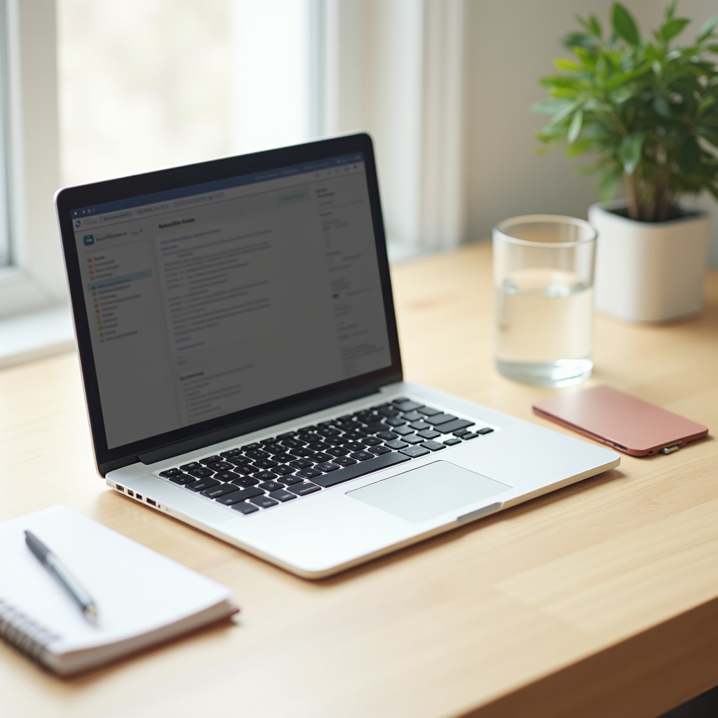 Clean desk setup for online financial training with laptop and notes